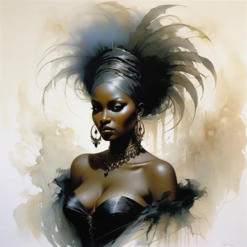 black woman,african woman,african american woman,fashion illustration,voodoo woman,black skin,african art,black women,queen of the night,emancipation,afro american,black pearl,oil painting on canvas,femme fatale,fantasy portrait,shea butter,beautiful african american women,lady of the night,widow,black feather,Illustration,Realistic Fantasy,Realistic Fantasy 16