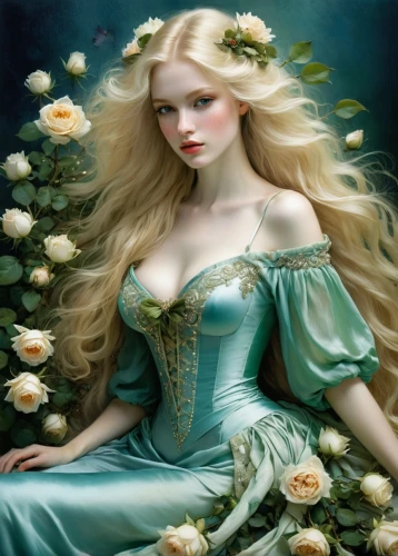 fairy queen,rosa 'the fairy,faery,fairy tale character,blue moon rose,wild roses,jessamine,fantasy art,white rose snow queen,elven flower,scent of roses,faerie,wild rose,fantasy picture,celtic woman,yellow rose background,blue rose,yellow rose,eglantine,porcelain rose,Illustration,Realistic Fantasy,Realistic Fantasy 16