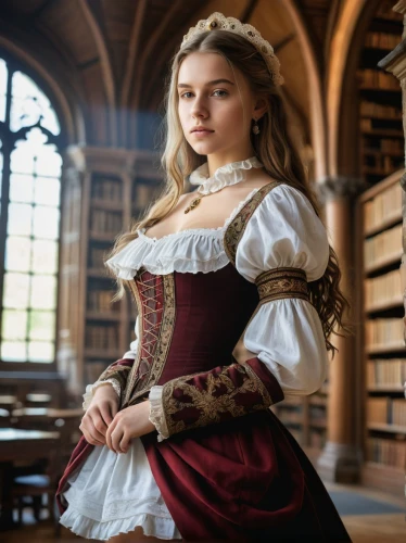 girl in a historic way,tudor,librarian,academic dress,renaissance,scholar,women's novels,bodice,portrait of a girl,young lady,girl studying,young woman,isabella,eufiliya,elizabeth i,old elisabeth,a girl in a dress,middle ages,women's clothing,library book,Photography,General,Natural