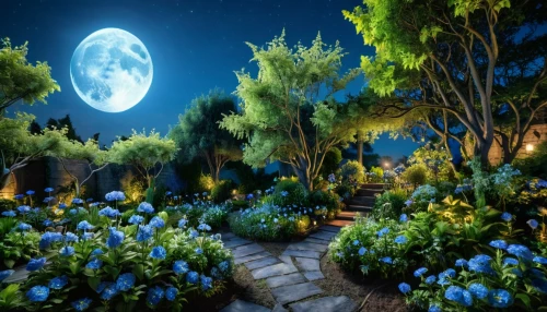 moonlight cactus,moonlit night,fairy forest,fairytale forest,fantasy landscape,fantasy picture,nature garden,pathway,the mystical path,moonlit,enchanted forest,fairy world,secret garden of venus,landscape lighting,blue moon,forest of dreams,cartoon video game background,full hd wallpaper,forest path,climbing garden,Photography,General,Realistic