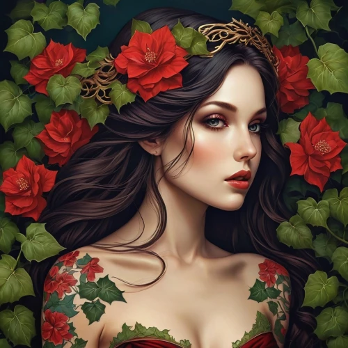 poison ivy,fantasy portrait,red roses,rose flower illustration,flora,rose wreath,girl in a wreath,with roses,red magnolia,romantic portrait,beautiful girl with flowers,girl in flowers,noble roses,roses,red rose,red petals,scent of roses,queen of hearts,hedge rose,ivy,Photography,Artistic Photography,Artistic Photography 14