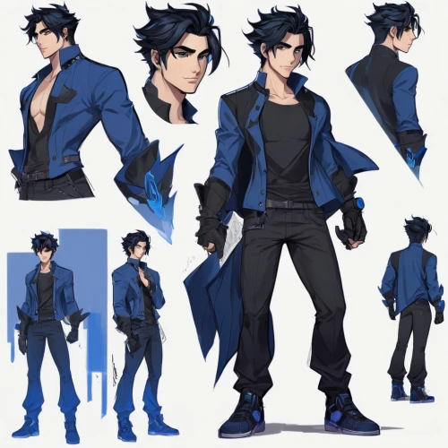 male character,yukio,main character,male poses for drawing,blue-collar worker,concept art,comic character,ren,corvin,blue snake,acmon blue,anime boy,denim shapes,jeans pattern,police uniforms,anime cartoon,hamelin,mean bluish,bluejacket,drexel,Unique,Design,Character Design