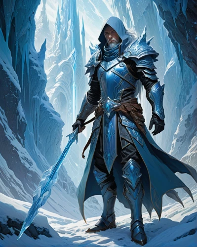 dane axe,iceman,heroic fantasy,white walker,fjord,ice,cleanup,wall,leeuwarder current,thermokarst,male elf,paladin,father frost,northrend,icemaker,eternal snow,ice cave,dark elf,kadala,winterblueher,Illustration,Realistic Fantasy,Realistic Fantasy 03