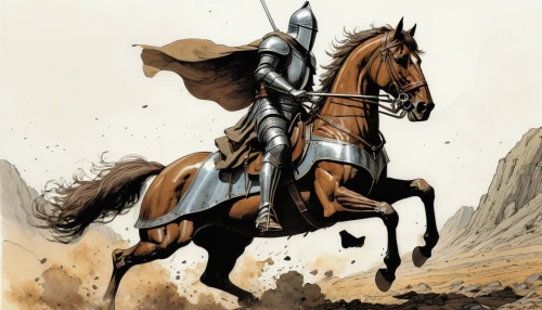 cavalry,don quixote,horseman,cuirass,bronze horseman,crusader,horseback,heroic fantasy,endurance riding,equestrian helmet,horse herder,conquistador,knight,bactrian,gunfighter,man and horses,armored animal,black horse,alpha horse,joan of arc,Illustration,Japanese style,Japanese Style 08