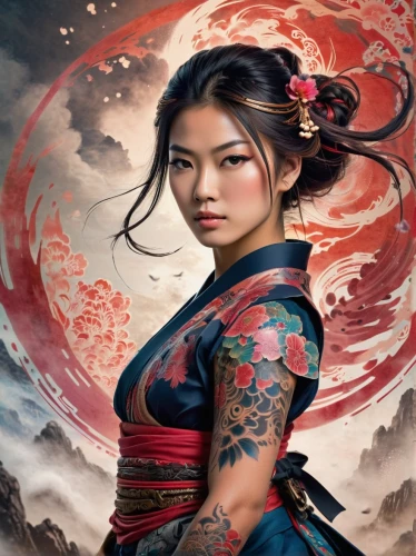 mulan,chinese art,oriental painting,japanese art,oriental princess,yi sun sin,red lantern,geisha,dragon li,oriental girl,asian culture,asian vision,geisha girl,xing yi quan,asian woman,katana,oriental,wuchang,inner mongolian beauty,korean history,Illustration,Realistic Fantasy,Realistic Fantasy 01