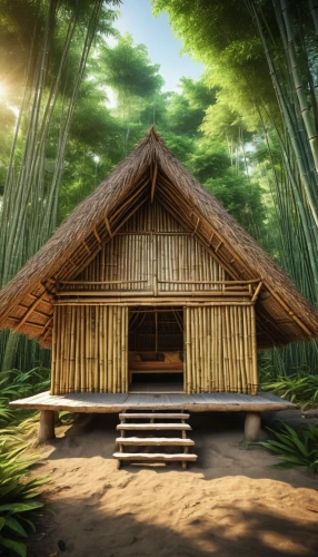 bamboo forest,wooden house,japanese architecture,tropical house,wooden hut,wooden sauna,traditional house,house in the forest,japanese-style room,hawaii bamboo,bamboo curtain,wooden roof,timber house,asian architecture,japanese shrine,3d background,japanese background,bamboo plants,ancient house,bamboo,Photography,General,Realistic