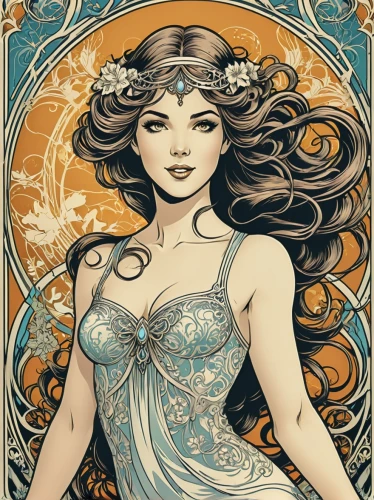 art nouveau,art nouveau design,mucha,zodiac sign libra,celtic queen,boho art,filigree,aphrodite,art nouveau frame,jasmine blue,jasmine,sorceress,zodiac sign gemini,merida,the enchantress,the snow queen,horoscope libra,gold foil mermaid,fantasy woman,celtic woman,Illustration,Retro,Retro 13