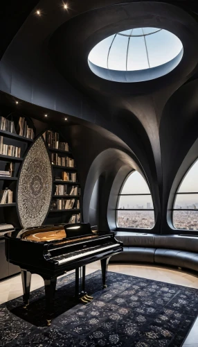reading room,grand piano,ufo interior,steinway,penthouse apartment,musical dome,bookshelves,circular staircase,study room,great room,ornate room,piano books,bookshelf,the piano,chaise lounge,bookcase,interior design,futuristic architecture,vaulted ceiling,interiors