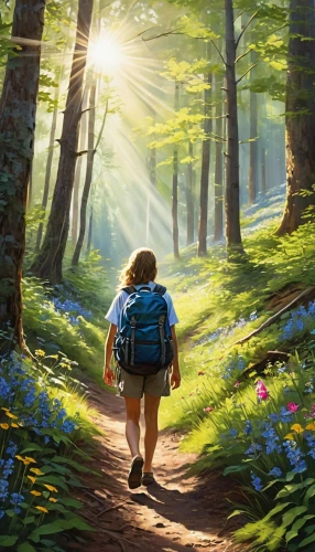 world digital painting,hiker,backpacking,children's background,digital painting,forest walk,wander,the wanderer,pathway,forest path,a journey of discovery,girl walking away,pilgrimage,free wilderness,the way of nature,people in nature,aaa,hiking,studio ghibli,the mystical path,Photography,General,Realistic