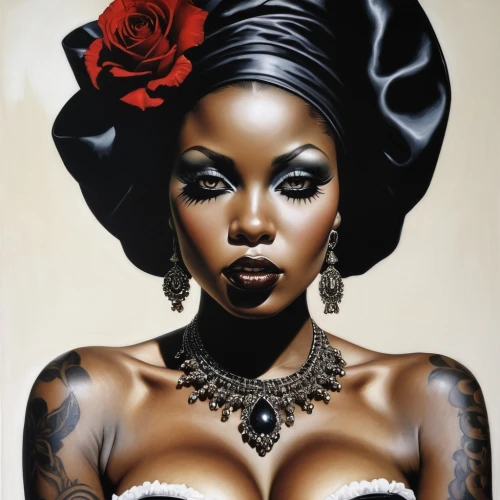black woman,african american woman,voodoo woman,african art,african woman,black jane doe,afro american,black rose,brandy,beautiful african american women,black skin,david bates,black women,widow flower,oil painting on canvas,body art,beautiful bonnet,vintage art,afro american girls,tattoo girl,Illustration,Realistic Fantasy,Realistic Fantasy 10
