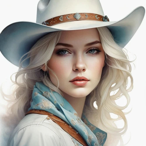 cowgirl,countrygirl,cowgirls,cowboy hat,western,elsa,the hat-female,ranger,fantasy portrait,sheriff,stetson,cowboy,white fur hat,straw hat,the hat of the woman,western riding,brown hat,girl wearing hat,woman's hat,leather hat,Illustration,Realistic Fantasy,Realistic Fantasy 15