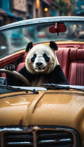 chinese panda,bamboo car,panda,giant panda,pandas,cab driver,panda bear,hanging panda,anthropomorphized animals,hood ornament,new york taxi,kawaii panda,taxi,panda face,wild animals crossing,3d car wallpaper,cabrio,driving car,automobile hood ornament,leather steering wheel,Photography,General,Fantasy