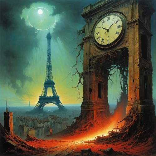 world clock,out of time,clock,clocks,clock face,grandfather clock,clockmaker,end of the world,four o'clocks,old clock,the eleventh hour,tower clock,street clock,sand clock,new year clock,post-apocalyptic landscape,universal exhibition of paris,the end of the world,clock tower,apocalyptic,Conceptual Art,Oil color,Oil Color 06