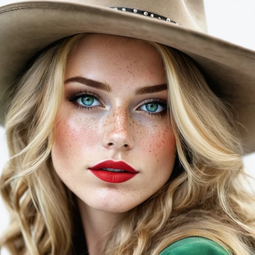 red lips,red lipstick,cowgirl,red hat,retouching,vintage makeup,straw hat,blonde woman,girl wearing hat,sarah walker,heterochromia,leather hat,freckles,brown hat,natural cosmetic,sombrero,woman face,vintage woman,countrygirl,women's eyes,Illustration,Paper based,Paper Based 11