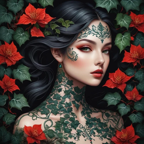poison ivy,elven flower,ivy,fantasy portrait,flora,dryad,fantasy art,nasturtium,hedge rose,faery,jasmine blossom,coral bells,beautiful girl with flowers,background ivy,red petals,faerie,girl in flowers,floral heart,floral background,red magnolia,Photography,Black and white photography,Black and White Photography 01