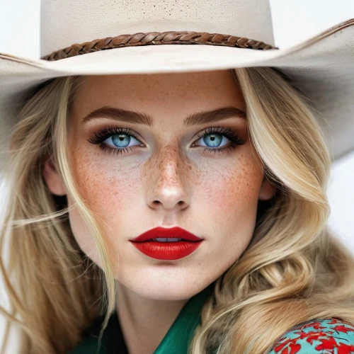 cowgirl,red lips,red lipstick,freckles,cowboy hat,red hat,cowgirls,women's eyes,retouching,straw hat,heterochromia,sombrero,poppy red,brown hat,vintage makeup,countrygirl,buffalo plaid antlers,elsa,blue eyes,blonde woman,Illustration,Paper based,Paper Based 11