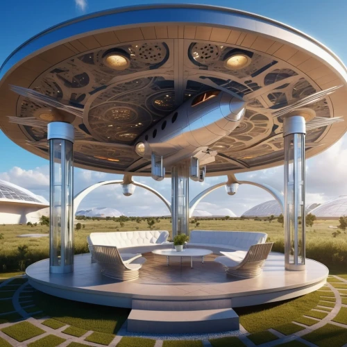 futuristic architecture,solar cell base,sky space concept,millenium falcon,stargate,uss voyager,musical dome,futuristic landscape,futuristic art museum,helipad,flying saucer,hospital landing pad,ufo,3d rendering,alien ship,saucer,roof domes,ufo interior,space ship model,hub,Photography,General,Realistic