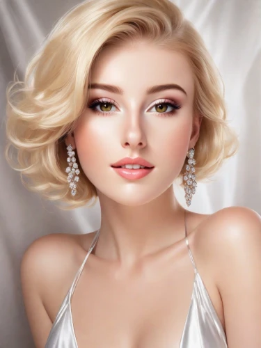 bridal jewelry,realdoll,romantic look,marylyn monroe - female,beautiful young woman,bridal accessory,vintage makeup,earrings,portrait background,diamond jewelry,pearl necklace,white beauty,artificial hair integrations,pearl necklaces,eurasian,natural cosmetic,jeweled,romantic portrait,elegant,elsa