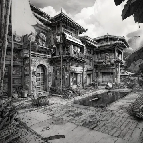 chinese architecture,asian architecture,chinese temple,ancient city,ancient house,ancient buildings,bukchon,fishing village,development concept,abandoned place,wooden houses,shanghai,chinese background,slums,hanoi,world digital painting,lost place,korean folk village,vietnam,old home,Art sketch,Art sketch,Concept