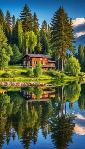 house with lake,vancouver island,beautiful landscape,beautiful lake,summer cottage,home landscape,vermont,the cabin in the mountains,log home,idyllic,house by the water,house in mountains,house in the forest,green landscape,alpine lake,landscape background,switzerland chf,nature landscape,background view nature,landscapes beautiful,Photography,General,Realistic
