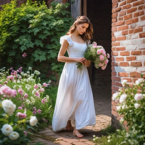 beautiful girl with flowers,girl in the garden,girl in a long dress,girl in flowers,bridesmaid,long dress,holding flowers,girl in white dress,romantic look,bridal party dress,in the garden,flower girl,girl in a long dress from the back,with roses,summer flowers,flower wall en,wedding dress,floral greeting,vintage dress,garden fairy,Photography,General,Realistic