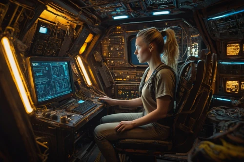 girl at the computer,district 9,ufo interior,sci fi,sci-fi,sci - fi,scifi,sci fiction illustration,cockpit,astronaut,valerian,lost in space,astronaut suit,spaceship space,flight engineer,pilot,women in technology,astronaut helmet,operator,switchboard operator,Photography,General,Sci-Fi