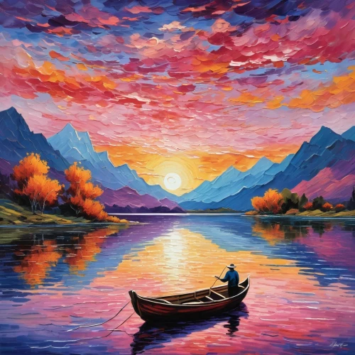 boat landscape,oil painting on canvas,incredible sunset over the lake,painting technique,fishing float,landscape background,kayaking,canoe,evening lake,oil on canvas,row boat,oil painting,art painting,purple landscape,river landscape,khokhloma painting,sea landscape,fisherman,mountain lake,phoenix boat,Art,Classical Oil Painting,Classical Oil Painting 02