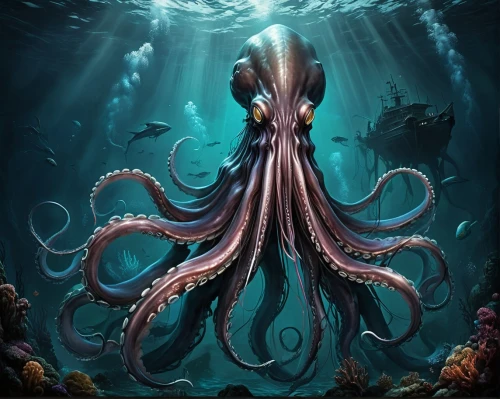 giant squid,deep sea,cephalopod,kraken,squid game card,octopus,cephalopods,undersea,under sea,octopus tentacles,deep sea nautilus,cnidaria,fun octopus,tentacles,deep sea diving,calamari,lembeh,god of the sea,the bottom of the sea,octopus vector graphic,Conceptual Art,Fantasy,Fantasy 34