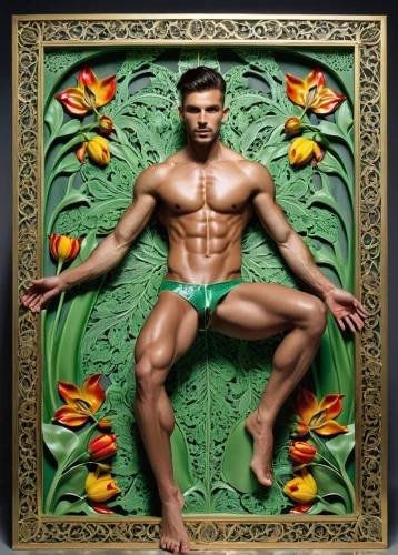 gardener,garden of eden,masseur,lotus position,narcissus,decorative figure,art nouveau frame,tantra,spanish tile,argan,amazonian oils,male model,decorative art,male ballet dancer,orientalism,decorative frame,greek god,bodypainting,secret garden of venus,cd cover,Photography,General,Realistic