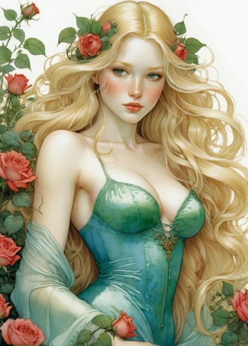 rosa 'the fairy,jessamine,eglantine,white rose snow queen,faery,camellia,fairy tale character,rose flower illustration,porcelain rose,rapunzel,fairy queen,hedge rose,blue moon rose,elven flower,rosa ' the fairy,wild roses,camellias,wild rose,rose wreath,faerie,Illustration,Realistic Fantasy,Realistic Fantasy 04