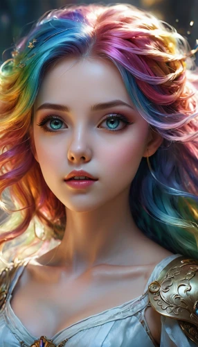 faery,fae,faerie,fairy tale character,fantasy art,rainbow unicorn,fantasy portrait,mystical portrait of a girl,mermaid background,fantasy picture,rainbow background,fantasy woman,fairy queen,hair coloring,the festival of colors,fantasy girl,unicorn and rainbow,violet head elf,rainbow waves,rapunzel,Illustration,Realistic Fantasy,Realistic Fantasy 01