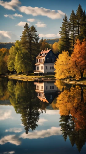 house with lake,vermont,new england,fall landscape,new england style house,house by the water,boathouse,autumn idyll,summer cottage,autumn landscape,cottage,autumn scenery,home landscape,the cabin in the mountains,reflection in water,fall foliage,house in mountains,reflections in water,maine,colors of autumn,Photography,General,Cinematic