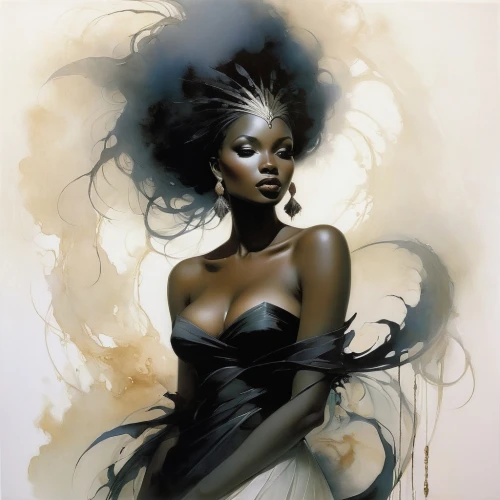 black woman,african american woman,fashion illustration,african woman,black skin,beautiful african american women,black women,african art,afro american,black feather,afro american girls,black landscape,afro-american,fantasy art,the enchantress,shea butter,oil painting on canvas,fantasy woman,voodoo woman,fantasy portrait,Illustration,Realistic Fantasy,Realistic Fantasy 16