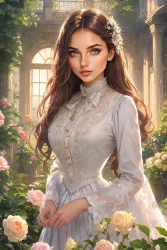 rosa ' amber cover,fantasy portrait,victorian lady,way of the roses,rosa,scent of roses,fantasy picture,romantic portrait,noble rose,hedge rose,white rose snow queen,romantic rose,rosa 'the fairy,yellow rose background,flower background,jessamine,holding flowers,landscape rose,rosebushes,vanessa (butterfly),Digital Art,Anime