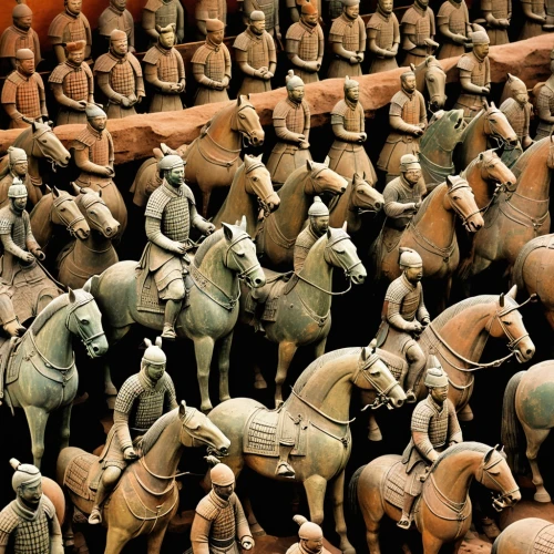 the terracotta army,terracotta warriors,clay figures,horse herd,wooden figures,terracotta,miniature figures,camel train,ancient parade,chess pieces,korean history,cavalry,bronze figures,xi'an,the sculptures,daibutsu,equines,chariot racing,chinese art,buddhist hell,Illustration,Abstract Fantasy,Abstract Fantasy 07