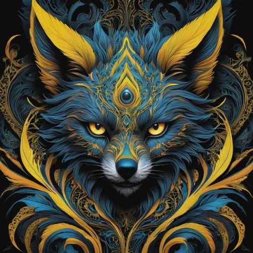 dark blue and gold,constellation wolf,kitsune,shamanic,nine-tailed,zodiac sign leo,tapestry,wolves,howling wolf,wolf,fox,foxes,shamanism,gold foil art,fractalius,coyote,fantasy art,fauna,two wolves,canidae,Photography,Artistic Photography,Artistic Photography 05