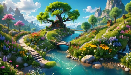 fairy world,fairy village,fantasy landscape,fairy forest,3d fantasy,wishing well,fantasy world,mushroom landscape,cartoon video game background,mountain spring,fantasy picture,wonderland,oasis,nature garden,crescent spring,garden pond,underwater oasis,landscape background,idyllic,garden of eden,Unique,3D,3D Character