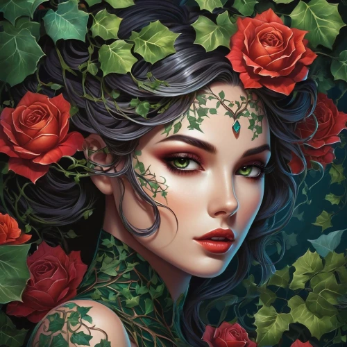 poison ivy,fantasy portrait,rose flower illustration,flora,elven flower,fantasy art,beautiful girl with flowers,with roses,faery,red roses,scent of roses,rosebushes,roses,girl in flowers,rose wreath,colorful roses,way of the roses,romantic portrait,ivy,rosa ' amber cover,Photography,Artistic Photography,Artistic Photography 15