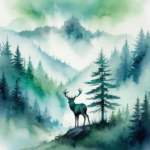 deer illustration,watercolor background,watercolor pine tree,forest background,deer drawing,coniferous forest,elk,foggy forest,forest landscape,forest animal,watercolor christmas background,stag,forest animals,manchurian stag,landscape background,caribou,spruce forest,pere davids deer,temperate coniferous forest,watercolor painting,Photography,Artistic Photography,Artistic Photography 07