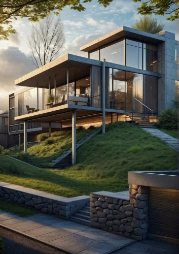 modern house,dunes house,3d rendering,house by the water,modern architecture,cubic house,eco-construction,house in mountains,house with lake,beautiful home,house in the mountains,grass roof,residential house,timber house,luxury property,danish house,luxury home,home landscape,cube house,roof landscape