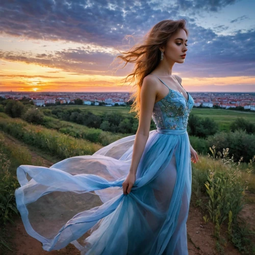 girl in a long dress,long dress,girl in a long dress from the back,evening dress,celtic woman,a girl in a dress,blue dress,enchanting,strapless dress,ball gown,cinderella,gown,romantic look,girl on the dune,enchanted,romantic portrait,torn dress,rapunzel,summer evening,elegant,Illustration,Paper based,Paper Based 11