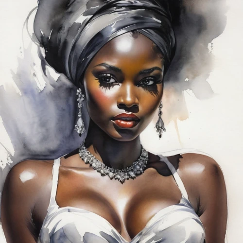 african woman,african american woman,african art,black woman,fashion illustration,nigeria woman,black skin,beautiful african american women,afro american,beautiful bonnet,watercolor pin up,afro american girls,white lady,fantasy art,comely,oil painting on canvas,black pearl,blanche,fantasy portrait,african culture,Illustration,Paper based,Paper Based 11
