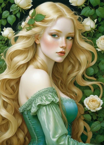 jessamine,faery,rapunzel,eglantine,lilly of the valley,faerie,fairy tale character,jasmine blossom,gardenia,lily of the field,fantasy portrait,camellia,lily of the valley,dryad,hedge rose,rosa 'the fairy,fairy queen,green mermaid scale,white rose snow queen,flora,Illustration,Realistic Fantasy,Realistic Fantasy 04