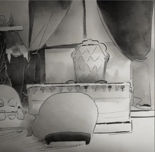 snowy still-life,bedroom,still-life,still life,canopy bed,pencil drawings,studio couch,parlour,bedside table,graphite,sleeping room,nightstand,dresser,children's bedroom,bed,bedside lamp,charcoal drawing,summer still-life,pillows,shabby-chic,Art sketch,Art sketch,Concept