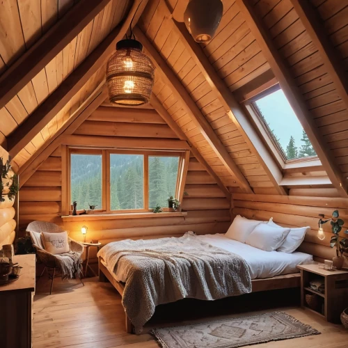 attic,wooden beams,wooden roof,log home,wooden sauna,sleeping room,loft,log cabin,small cabin,canopy bed,great room,tree house hotel,cabin,the cabin in the mountains,wood window,wooden windows,warm and cozy,danish room,chalet,wood doghouse,Photography,General,Realistic