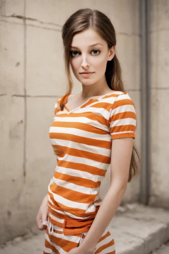 girl in t-shirt,orange,ammo,striped background,horizontal stripes,orange color,female model,women clothes,teen,girl in overalls,women's clothing,cotton top,pregnant girl,polo shirt,in a shirt,tee,beautiful young woman,long-sleeved t-shirt,daisy 1,tshirt