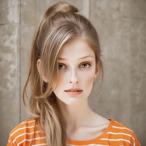 caramel color,pony tail,ponytail,pompadour,orange color,updo,french silk,fawn,layered hair,realdoll,beautiful young woman,model beauty,asymmetric cut,female model,orange,pony tails,hairstyle,orange half,smooth hair,pretty young woman