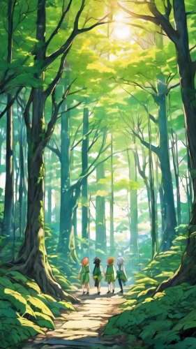 happy children playing in the forest,studio ghibli,forest walk,forest road,forest,forest of dreams,forest path,the three magi,forest background,cartoon forest,fairy forest,green forest,the forest,travelers,forest workers,chestnut forest,forest glade,in the forest,hikers,trails,Illustration,Japanese style,Japanese Style 04