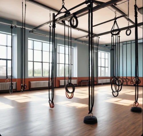 fitness room,exercise equipment,gymnastics room,gymnastic rings,fitness center,training apparatus,workout equipment,kettlebells,bodypump,aerial hoop,circus aerial hoop,kettlebell,horizontal bar,leisure facility,steel ropes,circuit training,pole climbing (gymnastic),free weight bar,weightlifting machine,rock-climbing equipment