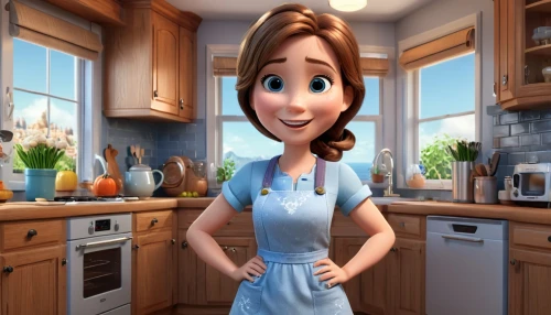 girl in the kitchen,agnes,waitress,housekeeper,princess anna,star kitchen,cute cartoon character,cute cartoon image,milkmaid,confectioner,animated cartoon,homemaker,confectioner sugar,housewife,housekeeping,big kitchen,the girl in nightie,soy milk maker,food preparation,chef,Unique,3D,3D Character
